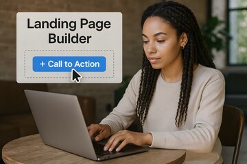A woman is working on a laptop and a 'Landing Page Builder' pop-up appears 