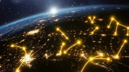 Wall Mural - glowing city lights on a dark night sky over earth