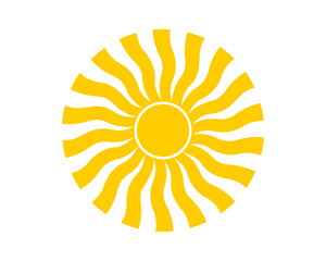 Groovy sun silhouette. Wavy yellow sunny rays. Sunburst, sunlight or sunshine sign. Summer theme symbol. Modern psychedelic print. Happy positive vibes concept. Vector flat illustration.