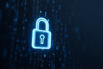 a glowing digital padlock superimposed over a screen of complex binary code, visualizing cybersecuri