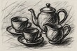 © Creative Hut - Charcoal Sketch Still Life Teapot Cups Saucers Creamer Art Drawing Monochrome Study