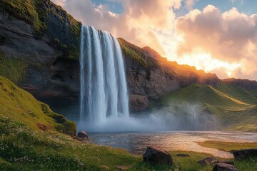 Wall Mural - Majestic waterfall cascading down a moss-covered cliff into a calm river at sunset under a vibrant sky with golden clouds creating a peaceful and awe-inspiring natural scene