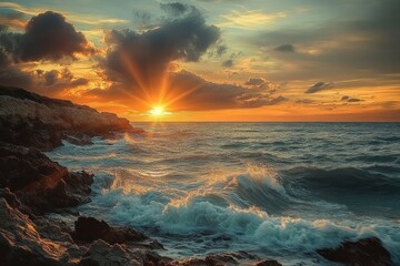 Wall Mural - Vibrant sunset over turbulent ocean waves crashing against rocky shoreline under dramatic cloudy sky