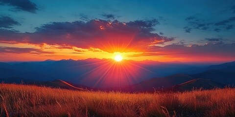 Wall Mural - Radiant sun setting over distant mountain range casting warm golden light on grassy hillside under dramatic partly cloudy sky