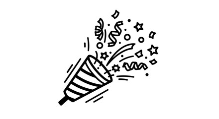 A festive hand-drawn illustration of a party popper exploding with confetti and stars, perfect for birthday celebrations, carnival themes, and celebratory greetings cards.