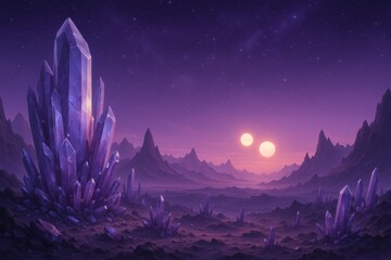 Wall Mural - Alien world vista with binary sunset and otherworldly geological formations in deep space