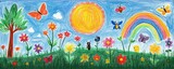 Colorful crayon drawing of a sunny day with a large sun, blue sky with clouds, a rainbow, butterflies, bees, a tree, and various vibrant flowers on green grass