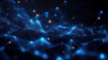 Abstract network of glowing blue lines and nodes connected in a dynamic wave pattern with scattered bright orange dots against a dark background, conveying a sense of technology and connectivity