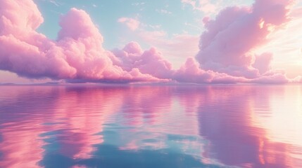 Wall Mural - Serene calm ocean with soft pink clouds reflecting beautifully on clear water under a pastel sky, evoking peaceful and dreamy atmosphere