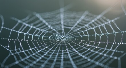 Delicate spiderweb glistens with morning dew, creating an intricate and captivating spectacle