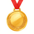 © PixelMuse - Blank gold medal illustration on a red ribbon. First place prize for a champion, winner's award, victory concept, isolated on white.