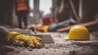 © 锴 张 - Construction site accident aftermath with yellow safety helmet and gloved arm lying in rubble, blurred reflective vest in background, highlighting workplace hazard, injury risk, and safety negligence