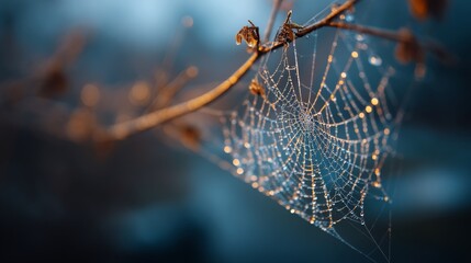 A delicate spider web glistening with dew droplets, suspended between branches against a blurred blue and brown background.