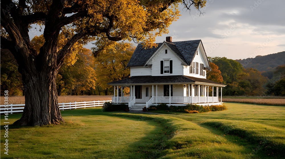 Victorian farmhouse with wrap around porch in autumn Stock Photo ...