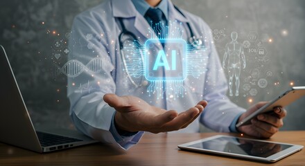 Digital Healthcare: A modern doctor embodies the convergence of technology and medicine, with holographic projections of AI and the human form above his outstretched hand
