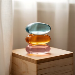 Wall Mural - stack of three translucent oval glass objects in blue amber and pink image