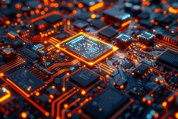 Wall Mural - glowing circuit: futuristic illuminated circuitry in orange and blue neon