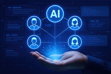 ai software developer collaboration concept with glowing hand and connected user icons representing 