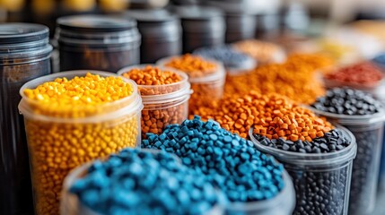 colorful thermoplastic polymer pellets inside containers, an industrial background