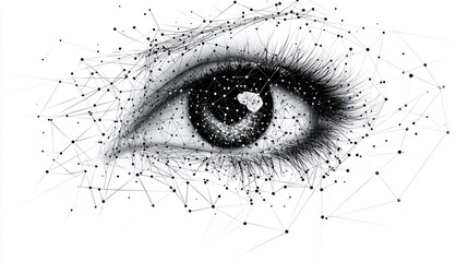 Wall Mural - Digital Eye Closeup, Network Connections, White Background, Abstract Art, Technology Concept