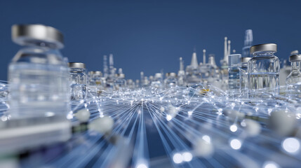 Modern medical technology showcases vast array of pharmaceutical bottles interconnected by glowing lines, symbolizing innovation and advancement in healthcare
