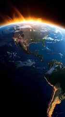 Wall Mural - planetary view showcasing a planet bathed in sunlight with visible atmospheric effects and continent
