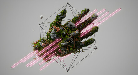 Wall Mural - moss covered hand with geometric wireframe and pink light bars on white background