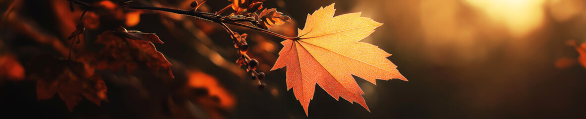 golden orange maple leaf growing on tree branch in park in autumn in october