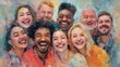© Rifqi - Watercolor style painting of a diverse group of people laughing together, showcasing joy and unity, concept for teamwork spirit, community engagement and inclusive company culture promoting diversity