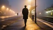 © Atcharasiri - A lone figure walks along a platform in the fog, a silhouette against the illuminated street lamps, evoking feelings of solitude and introspection.