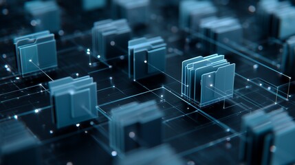 Abstract data structure with connected digital folders on a dark surface, concept for database management, information technology and cloud storage solutions