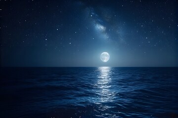 majestic full moon rising over tranquil ocean waters under a starlit sky creating a serene nightscap