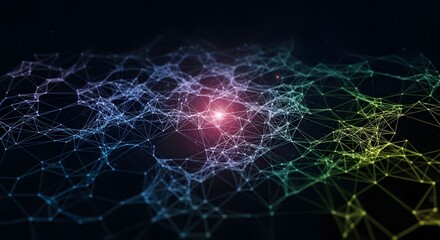 Futuristic digital plexus network with glowing central node. Abstract background representing data, communication, and technology
