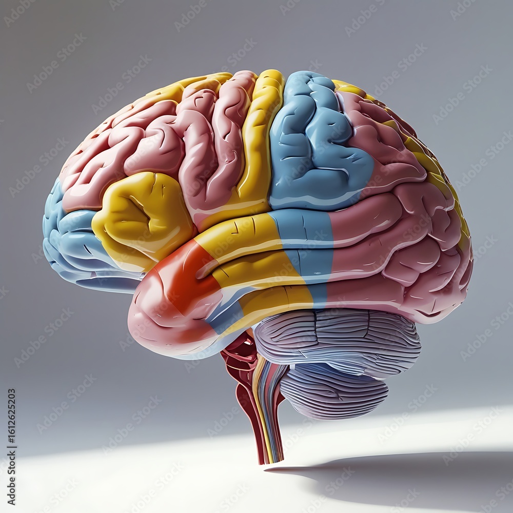 Detailed anatomical model of the human brain with colorful lobes and ...