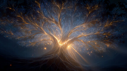 Wall Mural - mystical glowing tree: an artistic rendering of a tree bathed in ethereal light, its branches reachi