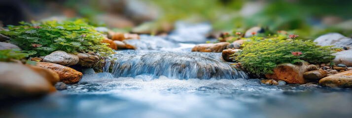 Wall Mural - mountain stream with clear water flows through rocks in the forest. Landscape panorama with nature