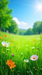 Wall Mural - A vibrant green meadow bursting with wildflowers and dew-kissed grass under a bright, clear sky The scene exudes a sense of pure, revitalizing freshness , spring, environment