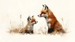 © Bussakon - Nurturing fox family in a serene watercolor landscape