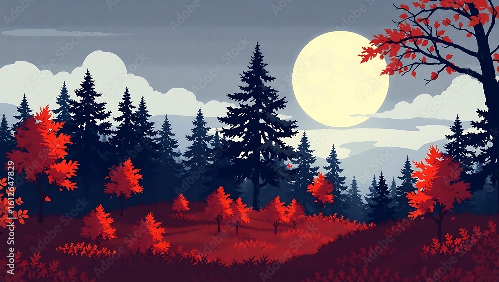 8-bit retro scene of the moon casting long shadows in a pixel forest ...