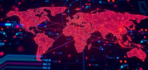 global network data exchange visualized on digital interface, server, coding
