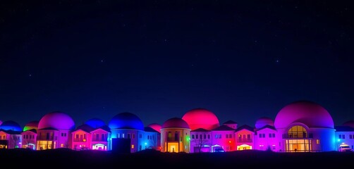Wall Mural - Glowing, rounded buildings in vibrant hues against a dark, starry sky,  artwork,  whimsical