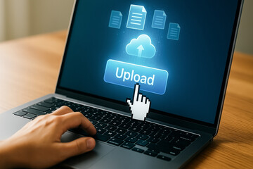 Wall Mural - uploading files: a person's hand clicks an upload button on a laptop screen, highlighting the cloud 