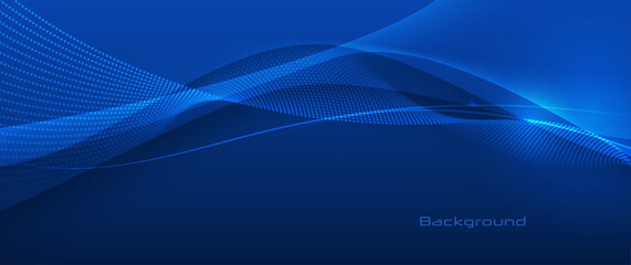 Wall Mural - vector abstract flowing wave line, particle dot pattern, neon light on dark blue gradient background