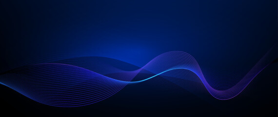 Wall Mural - vector abstract flowing wave line, particle dot pattern, neon light on dark blue gradient background