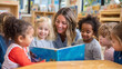 © N0X - A teacher joyfully reads a book to a diverse group of young children gathered around a table in a colorful classroom. Education Photography