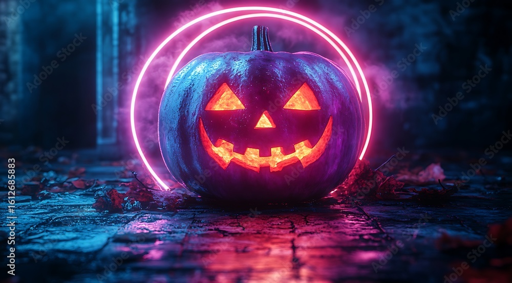 Glowing Jack O Lantern with Pink Neon Ring on Dark Ground Halloween ...