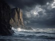 © Pornfa - Dramatic Stormy Seascape with Rugged Cliffs and Dark Clouds Over Roaring Waves on a Gloomy Day