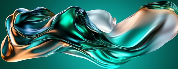 Chrome fluid dynamics visual Abstract flowing shapes with vibrant colors on a gradient background. Futuristic fluid wave 3D render