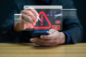 System alert on interface, cyber attack hazard, concept of cyber security risk, data breach, malware, hacking, IT system failure and digital system vulnerability.