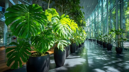 Lush indoor plants line a modern, glass-walled hallway.